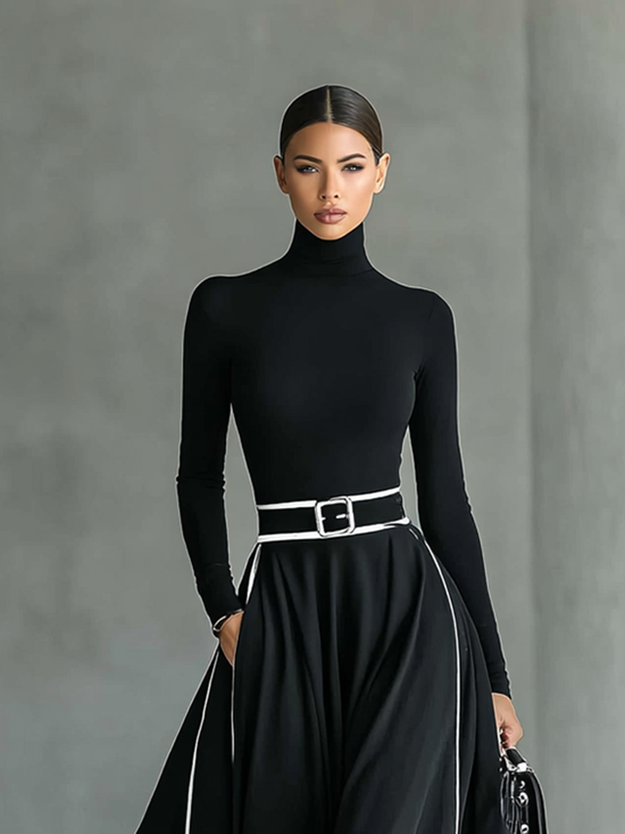 Black Stitching White Trim High Collar Long Sleeve Maxi Dress for Women
