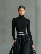 Black Stitching White Trim High Collar Long Sleeve Maxi Dress for Women