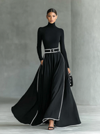 Black Stitching White Trim High Collar Long Sleeve Maxi Dress for Women