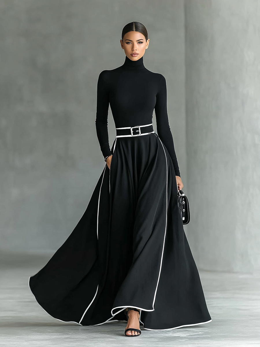 Black Stitching White Trim High Collar Long Sleeve Maxi Dress for Women
