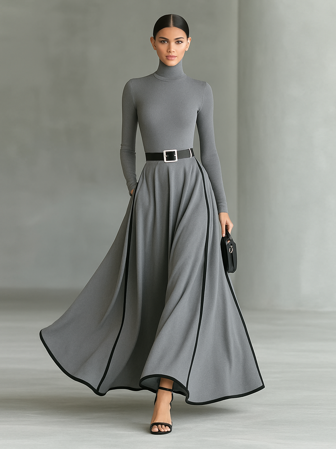 Black Stitching White Trim High Collar Long Sleeve Maxi Dress for Women