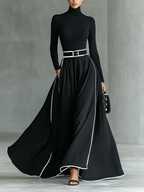 Black Stitching White Trim High Collar Long Sleeve Maxi Dress for Women