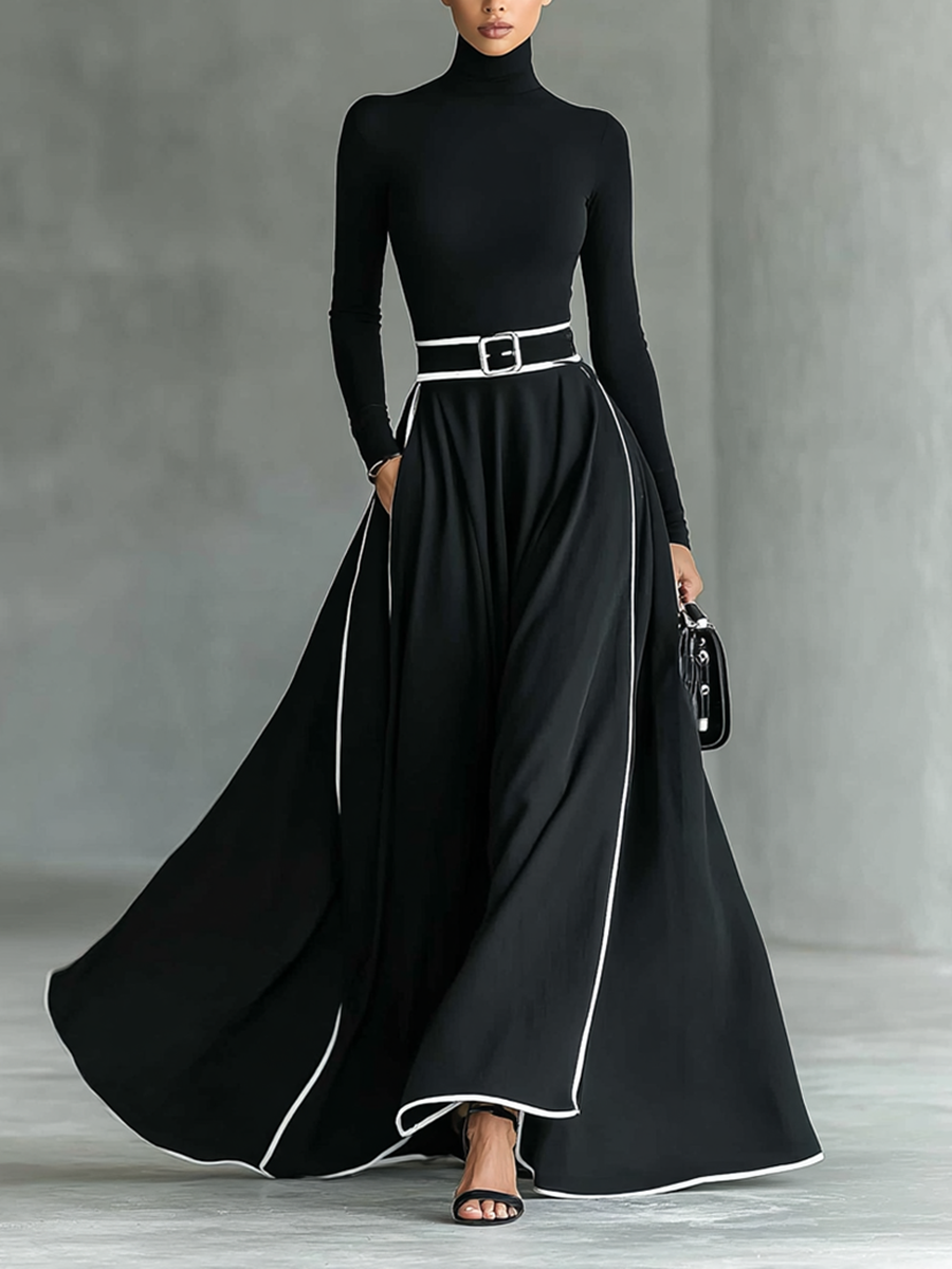 Black Stitching White Trim High Collar Long Sleeve Maxi Dress for Women