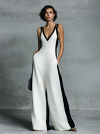 Black and White Color Block Cotton Linen Jumpsuit for Women with Thin Straps