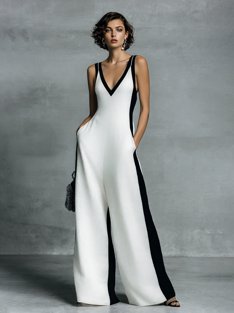 Black and White Color Block Cotton Linen Jumpsuit for Women with Thin Straps