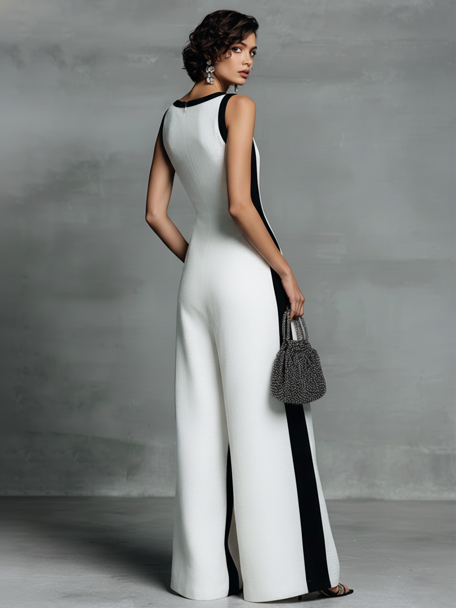 Black and White Color Block Cotton Linen Jumpsuit for Women with Thin Straps