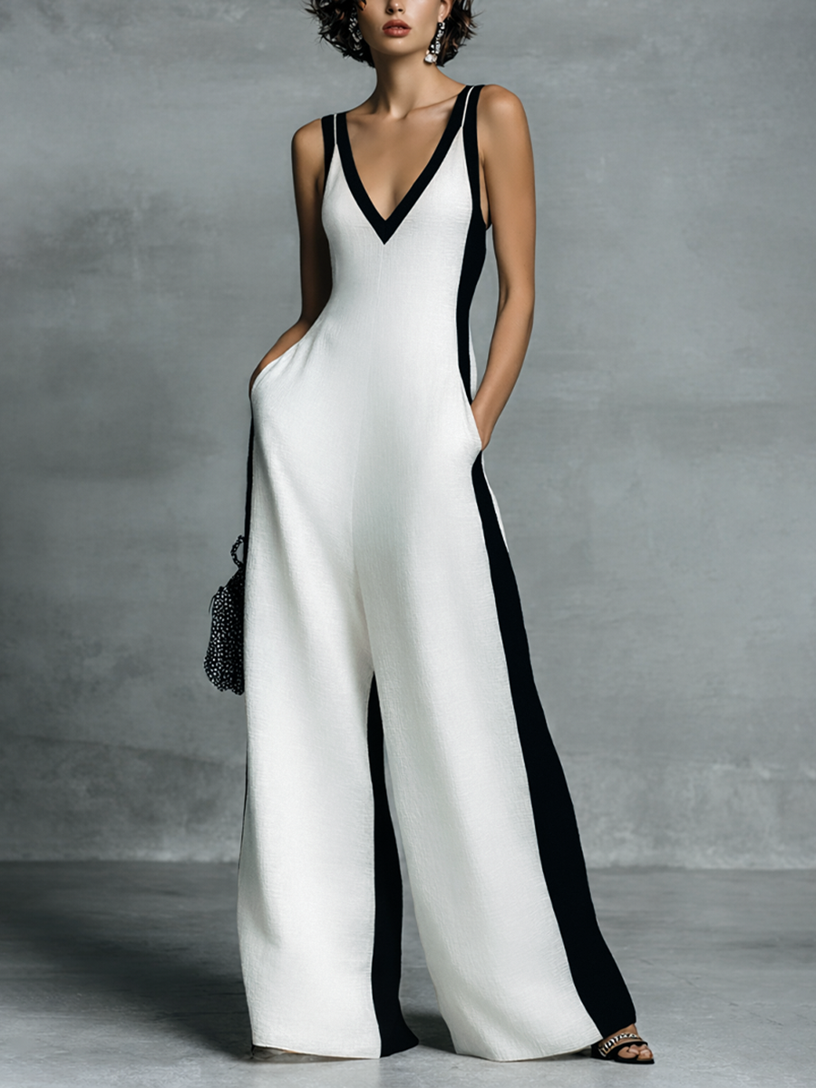 Black and White Color Block Cotton Linen Jumpsuit for Women with Thin Straps