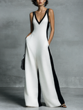 Black and White Color Block Cotton Linen Jumpsuit for Women with Thin Straps