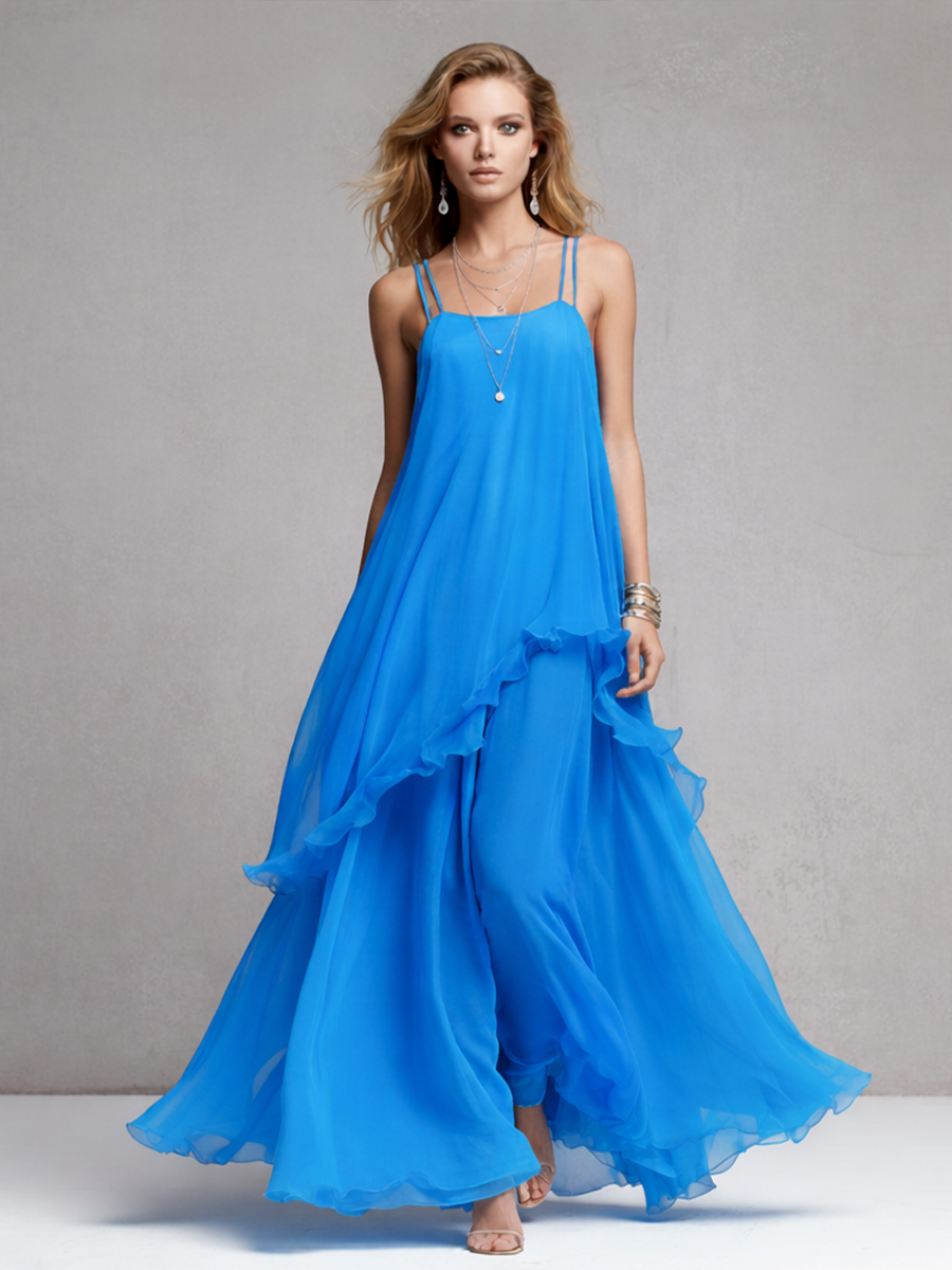 Blue Chiffon Maxi Dress with Layered Ruffles - Spaghetti Strap Evening Wear