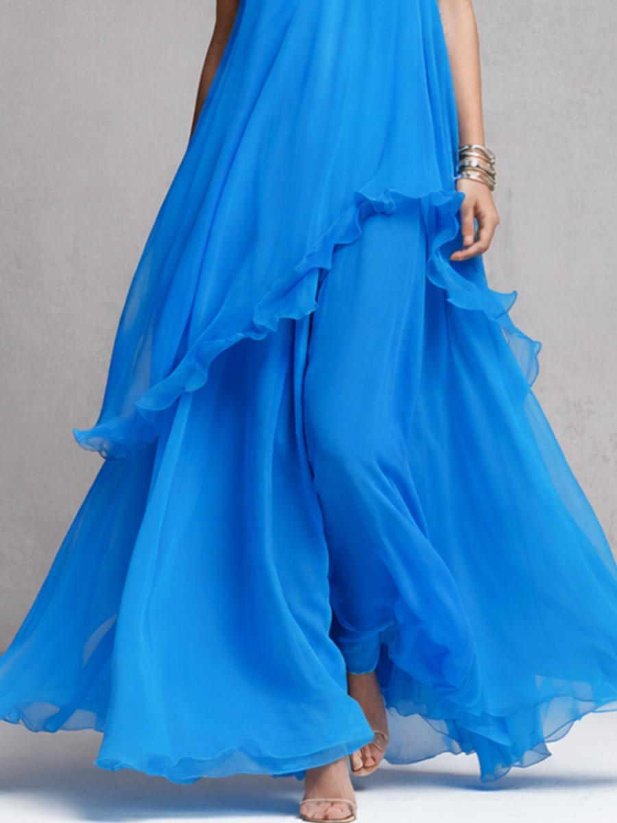Blue Chiffon Maxi Dress with Layered Ruffles - Spaghetti Strap Evening Wear