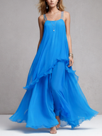 Blue Chiffon Maxi Dress with Layered Ruffles - Spaghetti Strap Evening Wear