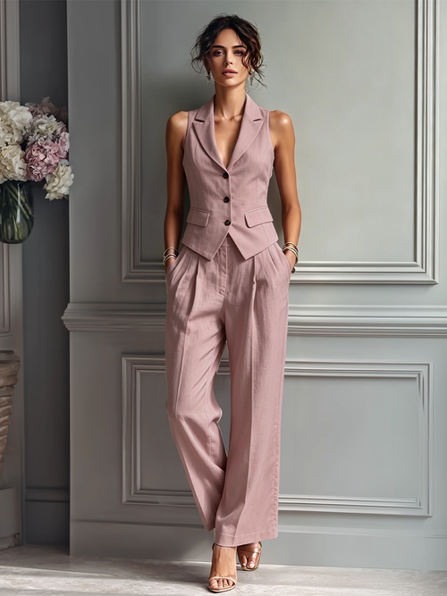 Blush Pink Linen Sleeveless Vest & Wide-Leg Pants Set for Women