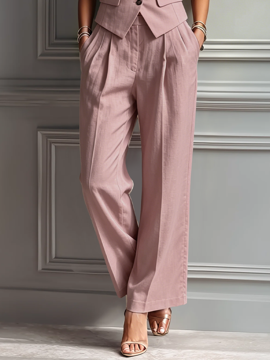 Blush Pink Linen Sleeveless Vest & Wide-Leg Pants Set for Women