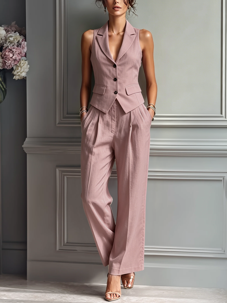 Blush Pink Linen Sleeveless Vest & Wide-Leg Pants Set for Women