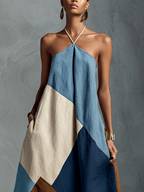 Bohemian Patchwork Maxi Dress - Cotton Linen Blend - Flowy Summer Resort Wear