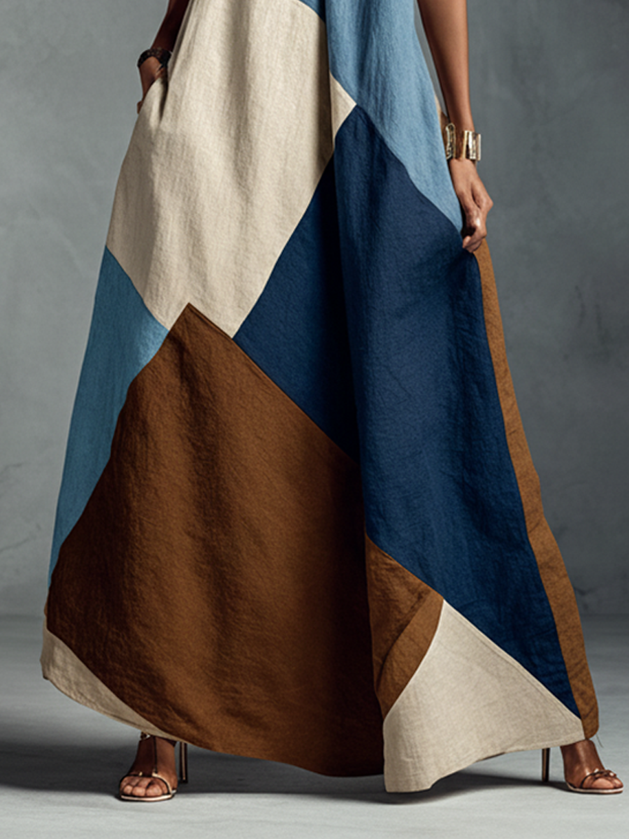 Bohemian Patchwork Maxi Dress - Cotton Linen Blend - Flowy Summer Resort Wear