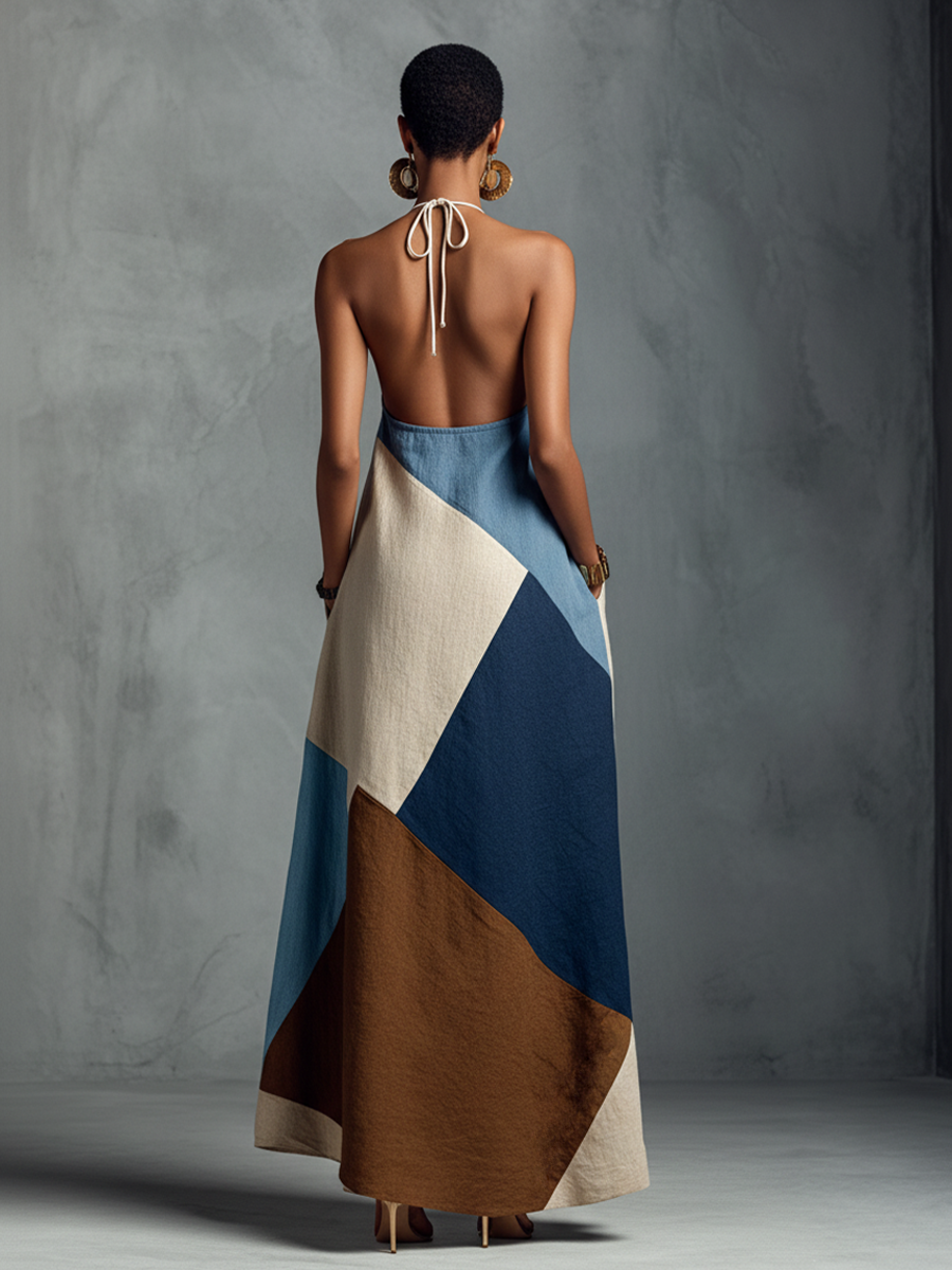 Bohemian Patchwork Maxi Dress - Cotton Linen Blend - Flowy Summer Resort Wear