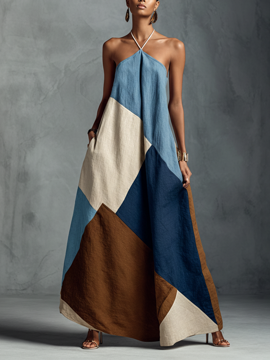 Bohemian Patchwork Maxi Dress - Cotton Linen Blend - Flowy Summer Resort Wear