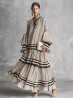 Boho Striped Cotton Blend Maxi Dress with Ruffles for Women - Long Sleeve