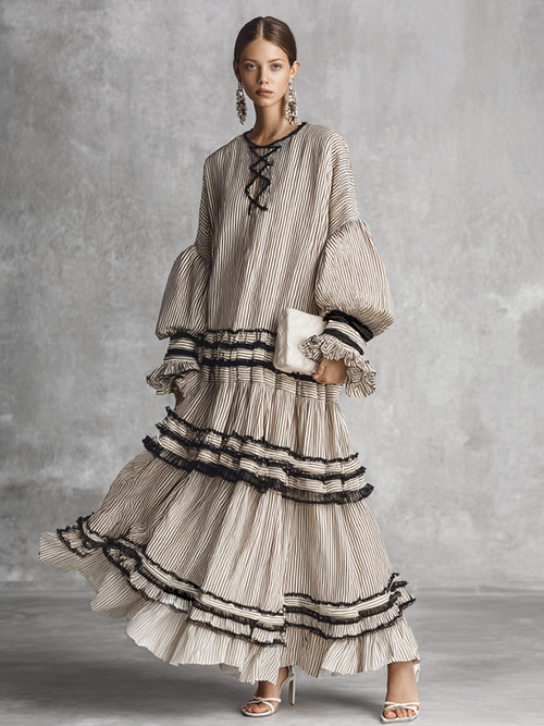 Boho Striped Cotton Blend Maxi Dress with Ruffles for Women - Long Sleeve