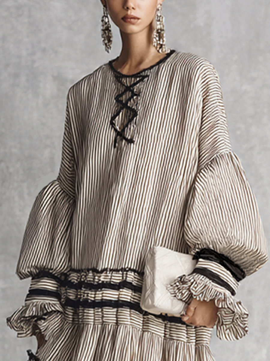 Boho Striped Cotton Blend Maxi Dress with Ruffles for Women - Long Sleeve