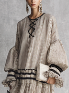 Boho Striped Cotton Blend Maxi Dress with Ruffles for Women - Long Sleeve