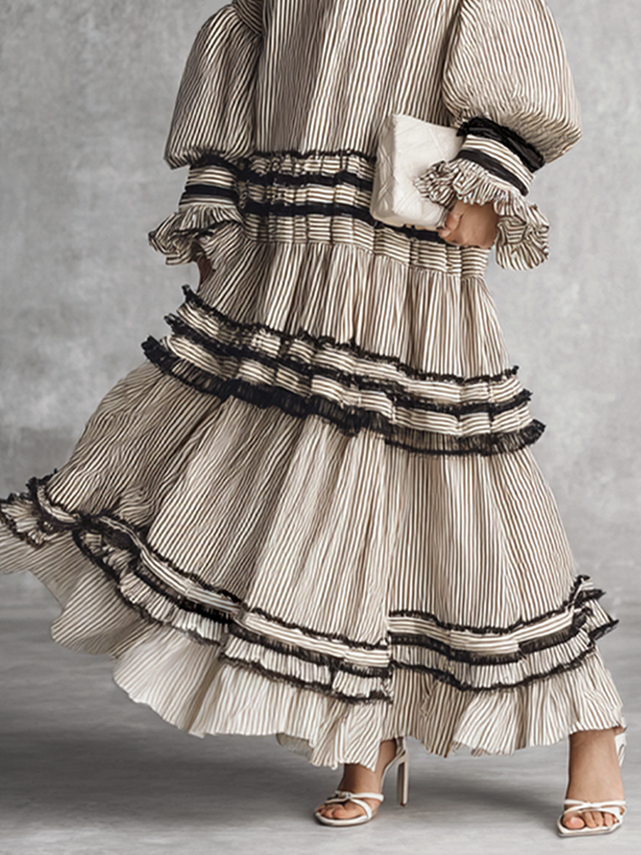 Boho Striped Cotton Blend Maxi Dress with Ruffles for Women - Long Sleeve