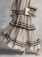 Boho Striped Cotton Blend Maxi Dress with Ruffles for Women - Long Sleeve