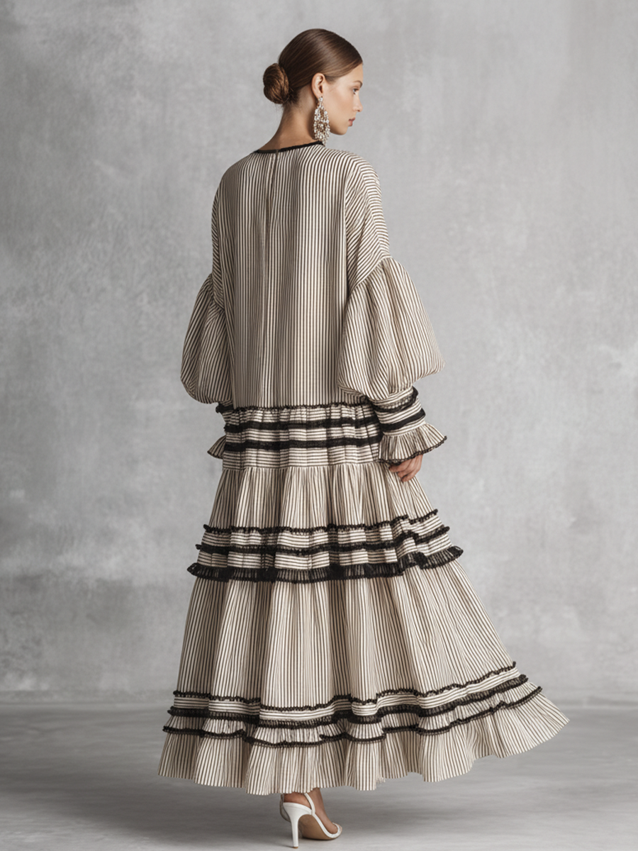 Boho Striped Cotton Blend Maxi Dress with Ruffles for Women - Long Sleeve