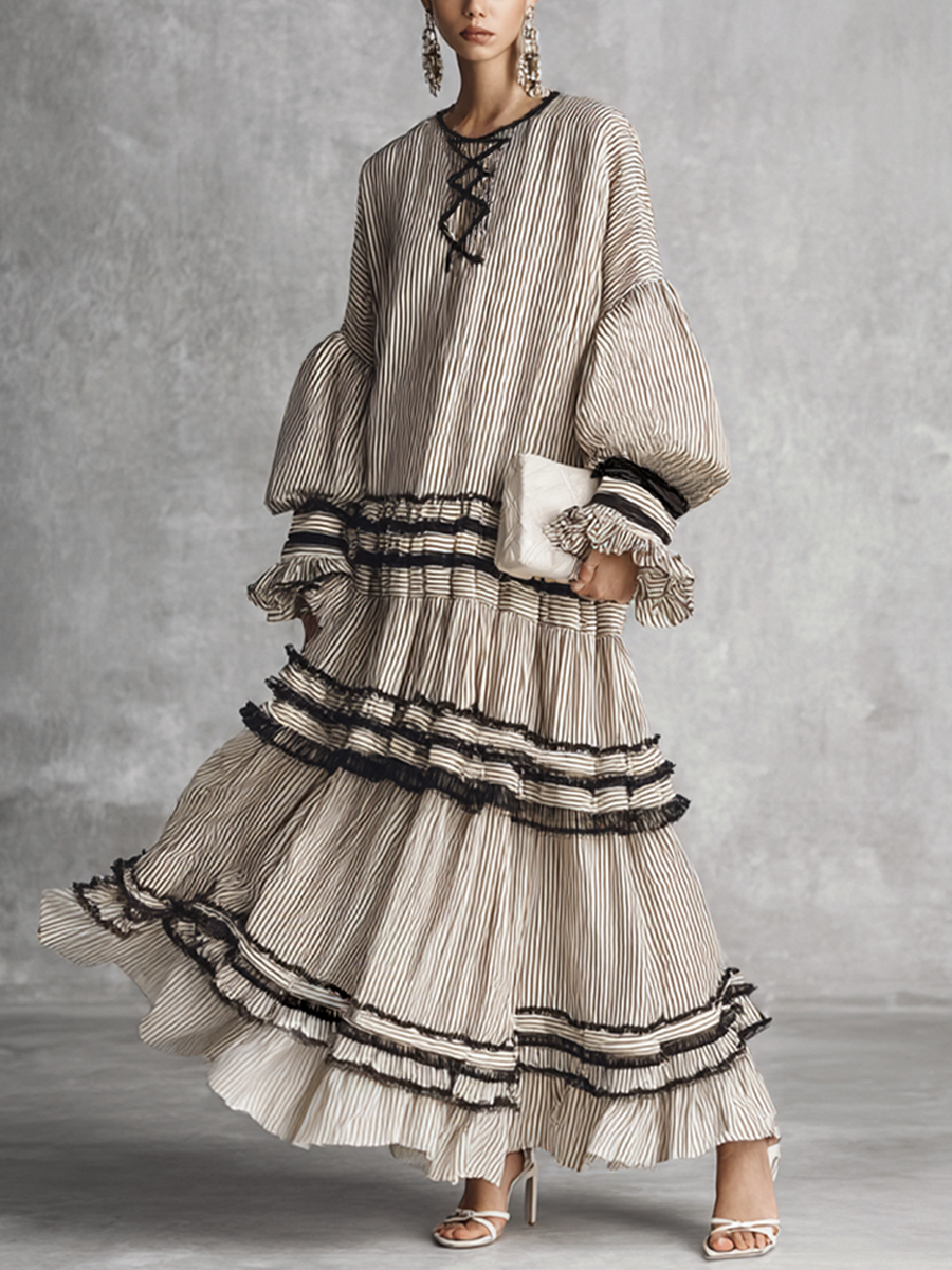 Boho Striped Cotton Blend Maxi Dress with Ruffles for Women - Long Sleeve