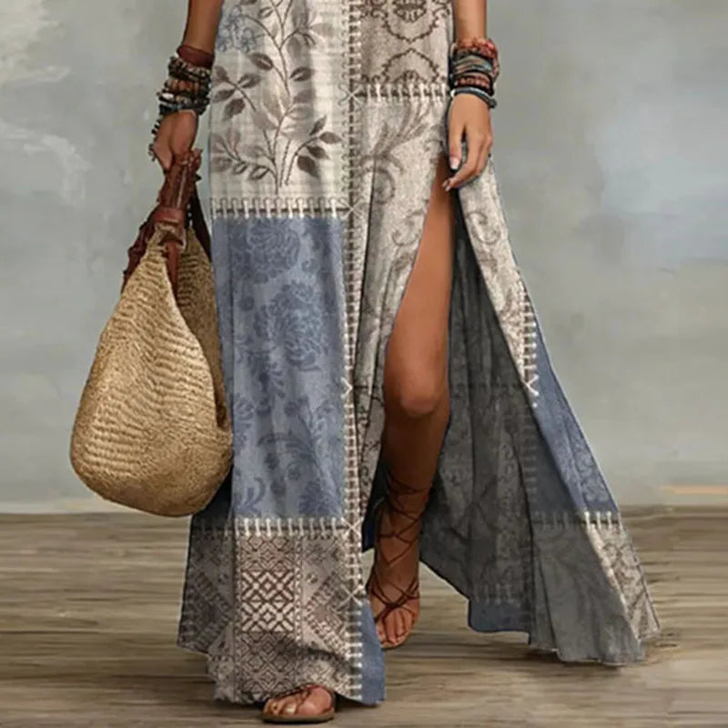 Boho Maxi Sundress with Vintage Patchwork Design for Spring Parties