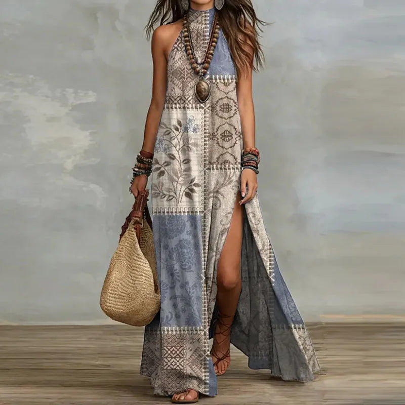 Boho Maxi Sundress with Vintage Patchwork Design for Spring Parties