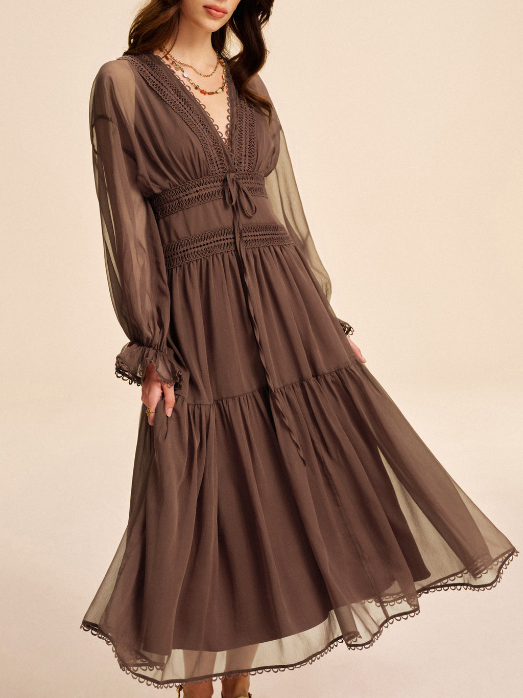Sheer Chiffon V-Neck Long Sleeve Maxi Dress for Women - Elegant Evening Wear