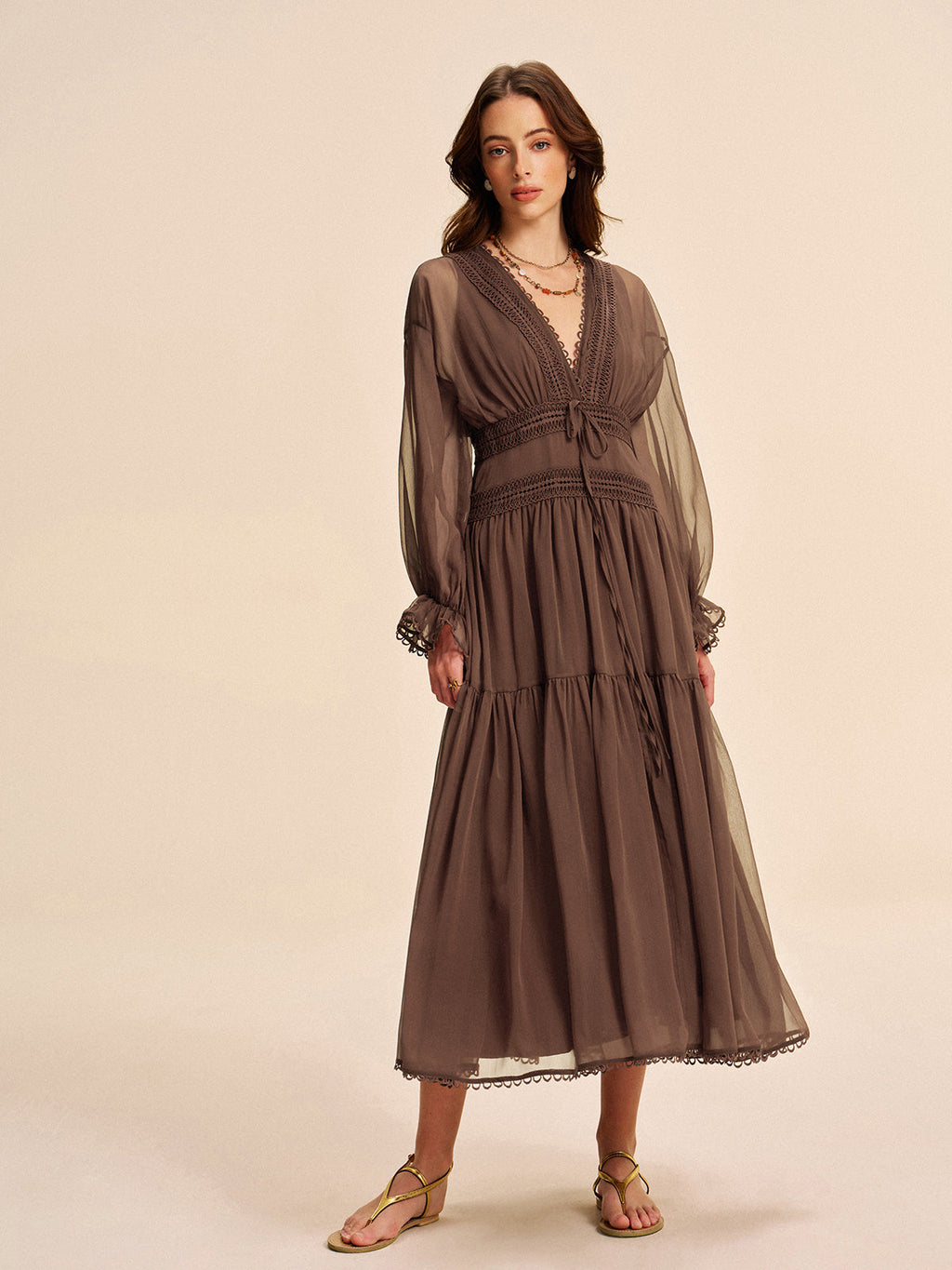 Sheer Chiffon V-Neck Long Sleeve Maxi Dress for Women - Elegant Evening Wear