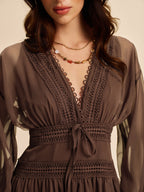 Sheer Chiffon V-Neck Long Sleeve Maxi Dress for Women - Elegant Evening Wear