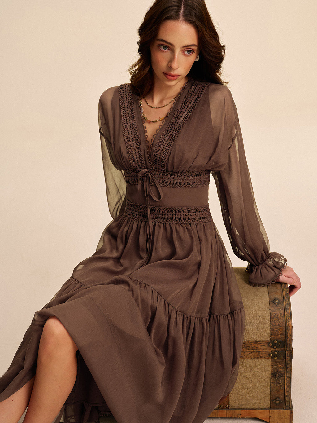 Sheer Chiffon V-Neck Long Sleeve Maxi Dress for Women - Elegant Evening Wear