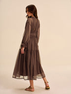 Sheer Chiffon V-Neck Long Sleeve Maxi Dress for Women - Elegant Evening Wear