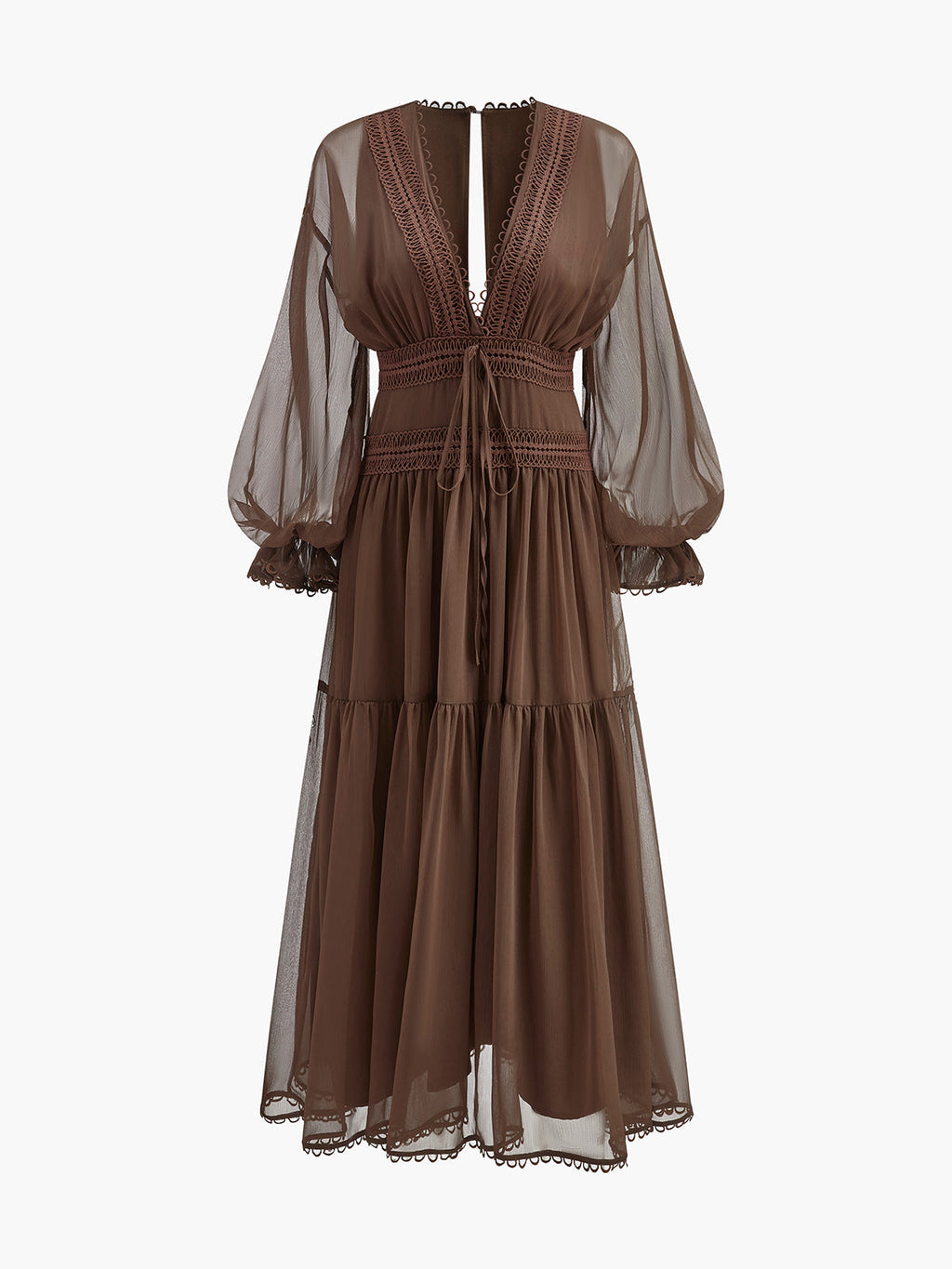Sheer Chiffon V-Neck Long Sleeve Maxi Dress for Women - Elegant Evening Wear