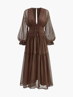 Sheer Chiffon V-Neck Long Sleeve Maxi Dress for Women - Elegant Evening Wear