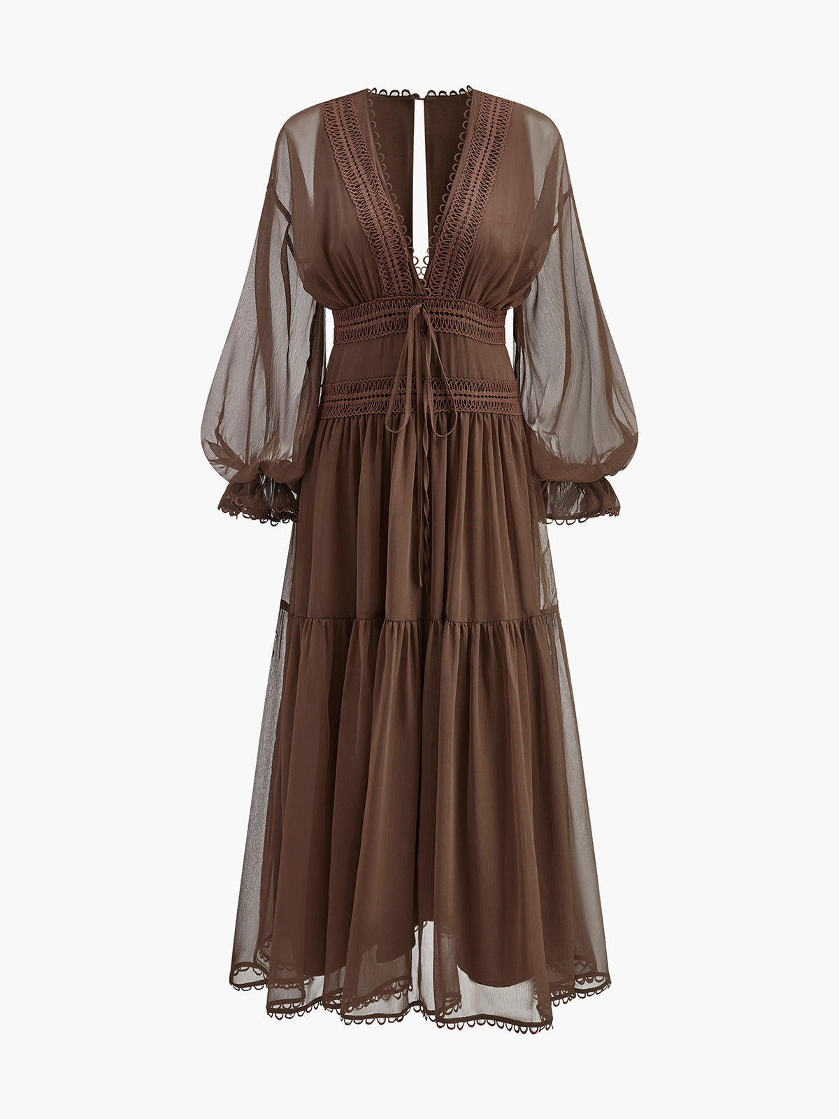 Sheer Chiffon V-Neck Long Sleeve Maxi Dress for Women - Elegant Evening Wear