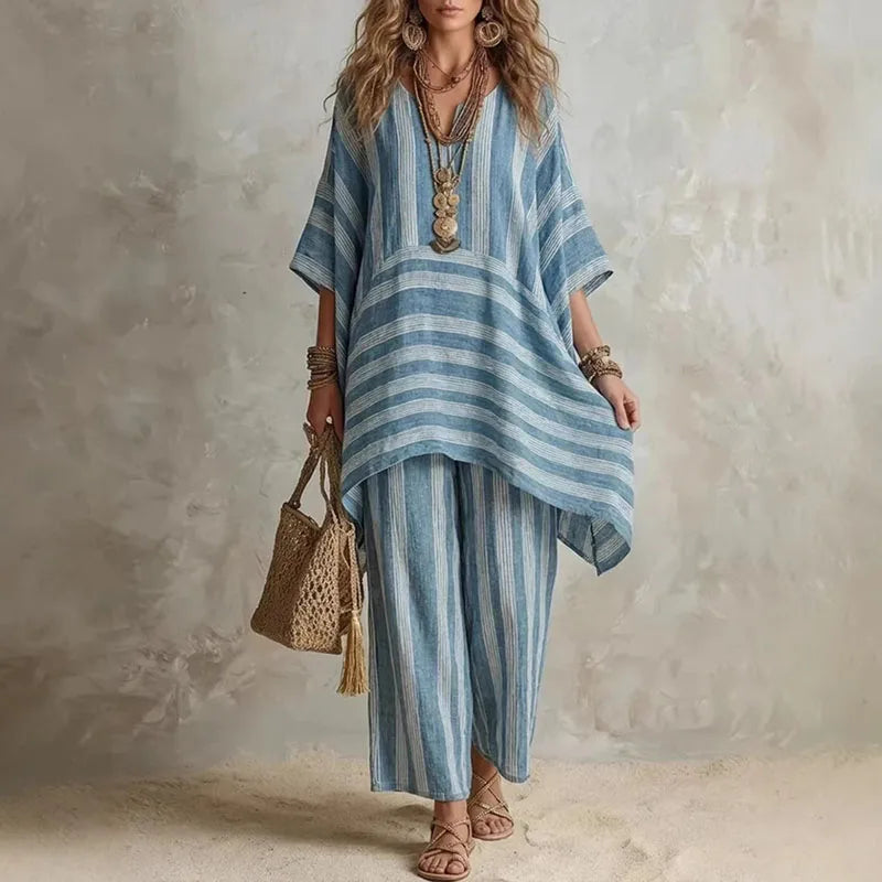 Boho Vintage Striped 2-Piece Summer Outfit - V-Neck Top & Wide Leg Pants