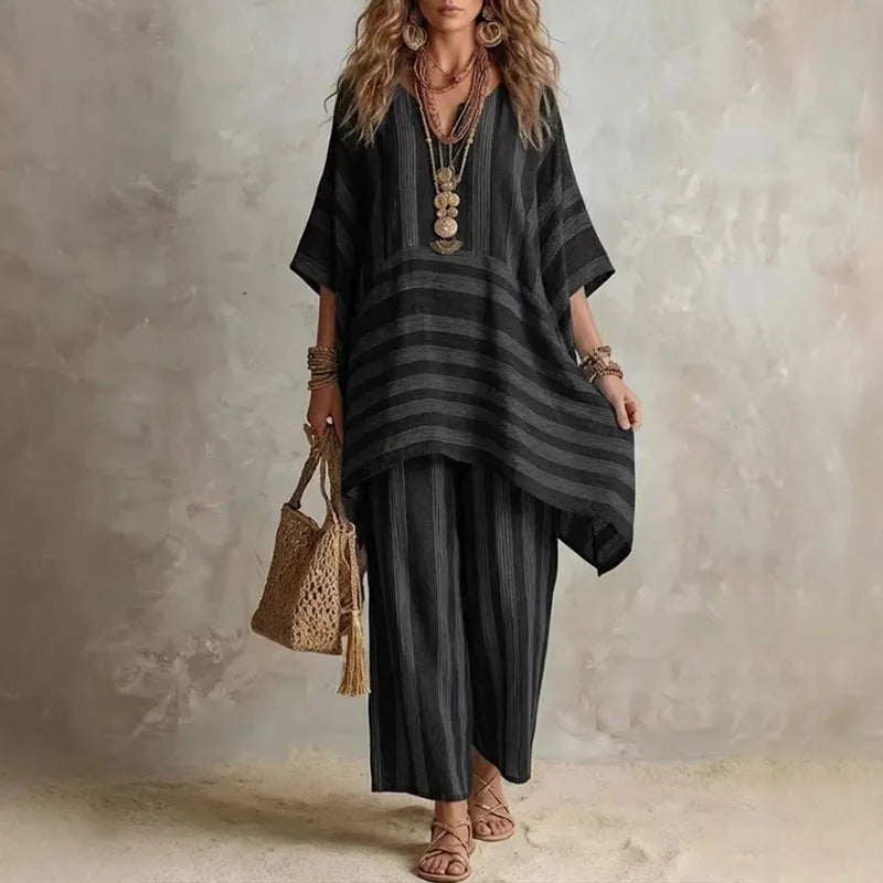 Boho Vintage Striped 2-Piece Summer Outfit - V-Neck Top & Wide Leg Pants