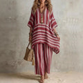 Boho Vintage Striped 2-Piece Summer Outfit - V-Neck Top & Wide Leg Pants