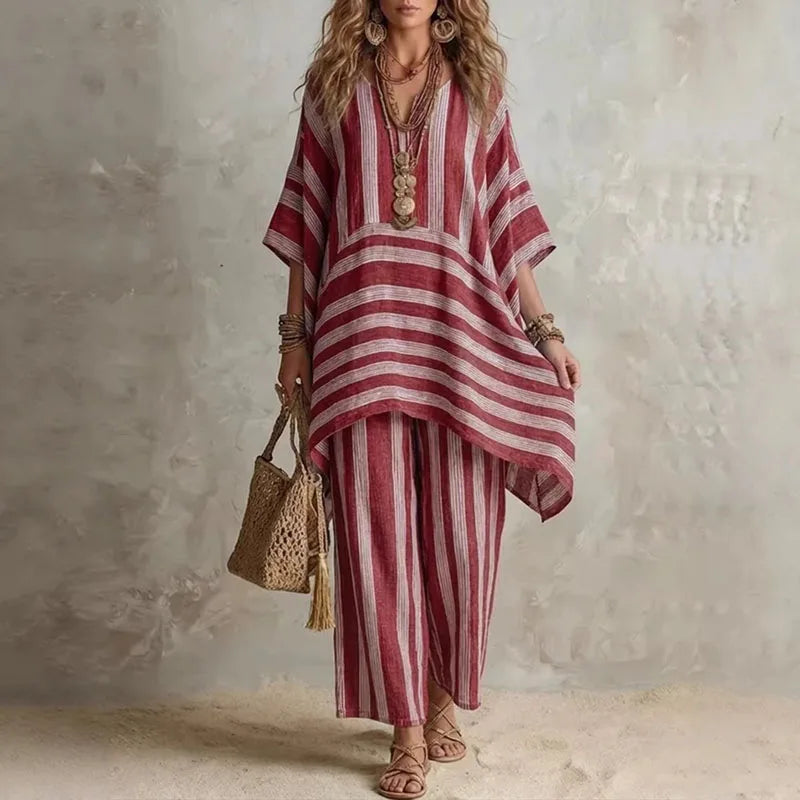 Boho Vintage Striped 2-Piece Summer Outfit - V-Neck Top & Wide Leg Pants