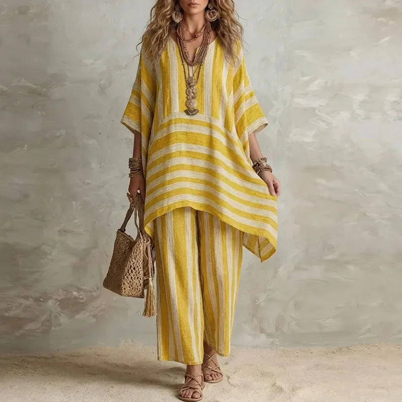 Boho Vintage Striped 2-Piece Summer Outfit - V-Neck Top & Wide Leg Pants