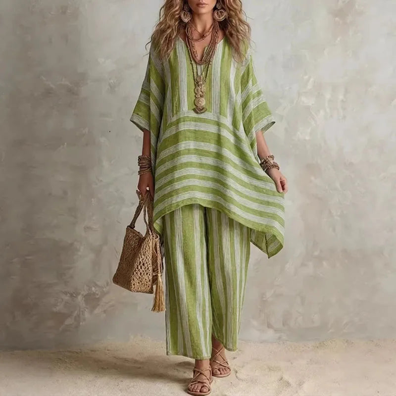 Boho Vintage Striped 2-Piece Summer Outfit - V-Neck Top & Wide Leg Pants