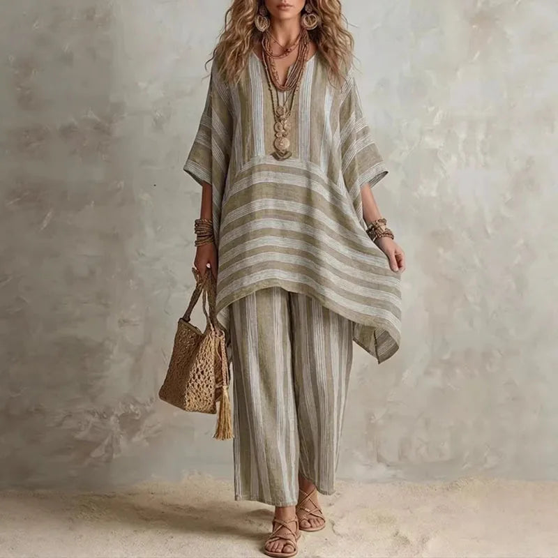Boho Vintage Striped 2-Piece Summer Outfit - V-Neck Top & Wide Leg Pants
