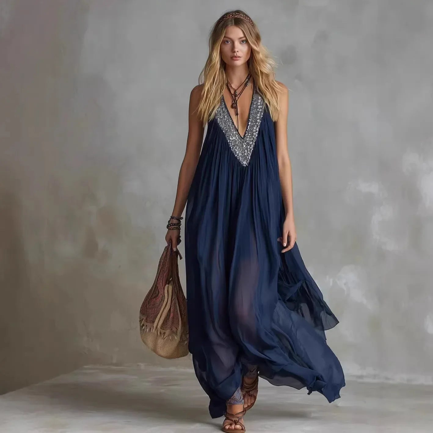 Navy Blue Sequin Maxi Dress - Sleeveless V Neck Chiffon Evening Gown for Women