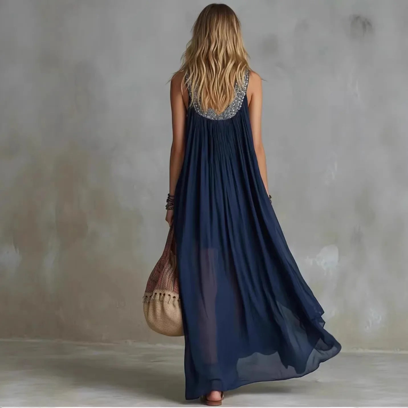 Navy Blue Sequin Maxi Dress - Sleeveless V Neck Chiffon Evening Gown for Women