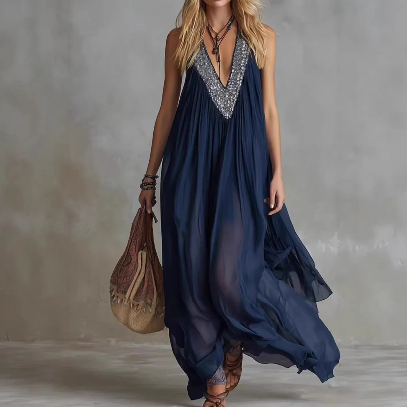 Navy Blue Sequin Maxi Dress - Sleeveless V Neck Chiffon Evening Gown for Women
